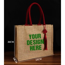 13''X10.2''X4'' Jute Bags With Red Cotton Handle And Red Knot